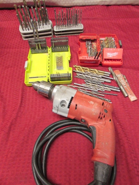 NICE MILWAUKEE 1/2 POWER DRILL, INDEX BOXES, STANDS AND LOTS OF BITS