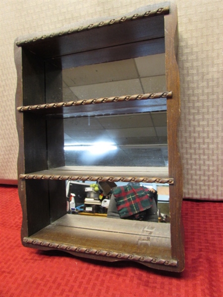 SMALL ANTIQUE/VINTAGE WALNUT CURIO SHELF WITH MIRRORED BACK