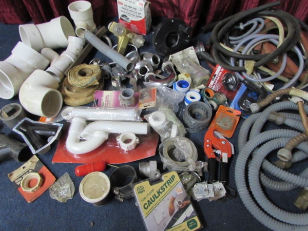 MASSIVE LOT OF PLUMBING SUPPLIES - HOSES, TAPE, SNAKE & PARTS