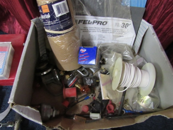 PLASTIC BINS OF BLADE FUSES, ASSORTED SMALL AUTO PARTS, GASKET MATERIAL AND MUCH MORE!