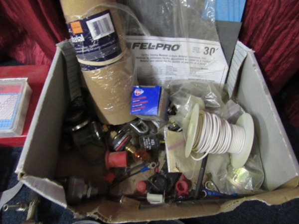 PLASTIC BINS OF BLADE FUSES, ASSORTED SMALL AUTO PARTS, GASKET MATERIAL AND MUCH MORE!