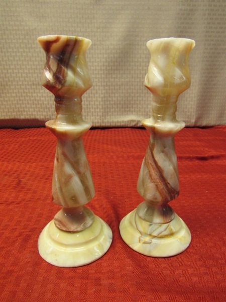 PAIR OF CARVED ONYX CANDLESTICKS