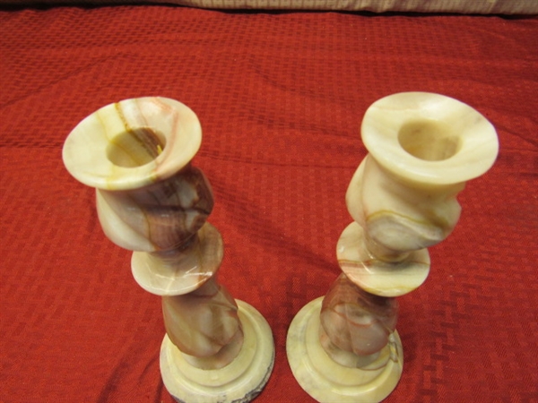 PAIR OF CARVED ONYX CANDLESTICKS