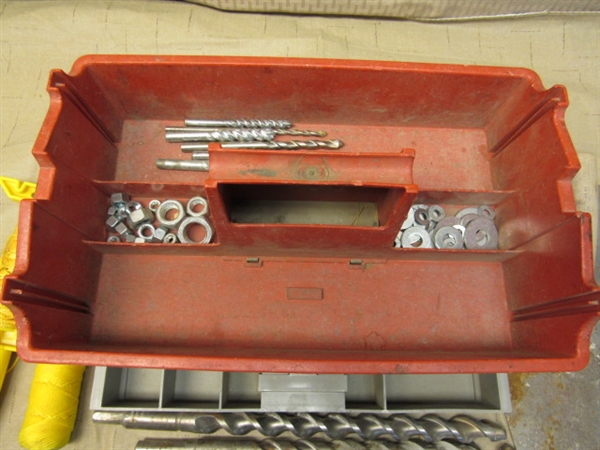 HOARDERS' SUPPLY OF MASONRY BITS, METAL INDEX, STRING LINE, TOOLS & A HANDY CARRY CART