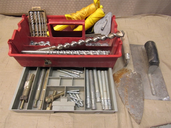 HOARDERS' SUPPLY OF MASONRY BITS, METAL INDEX, STRING LINE, TOOLS & A HANDY CARRY CART