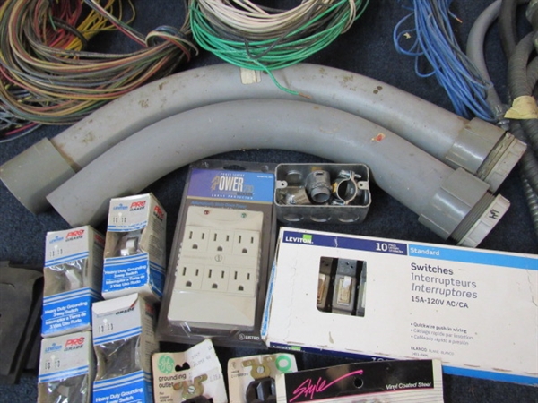 BIN OF COPPER WIRE, NEW ELECTRICAL PLUGS, PLATE COVERS & ELECTRICAL PVC & FLEX CONDUIT