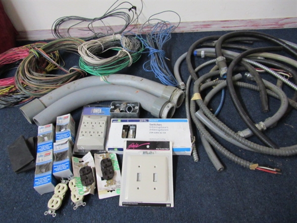BIN OF COPPER WIRE, NEW ELECTRICAL PLUGS, PLATE COVERS & ELECTRICAL PVC & FLEX CONDUIT
