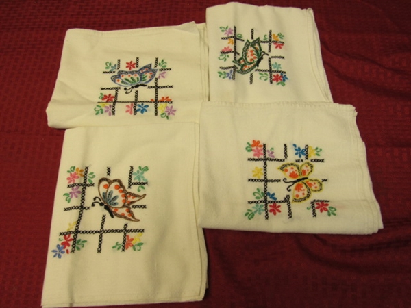 FOUR VINTAGE COTTON DISHTOWELS WITH HAND EMBROIDERED BUTTERFLIES, NEVER USED