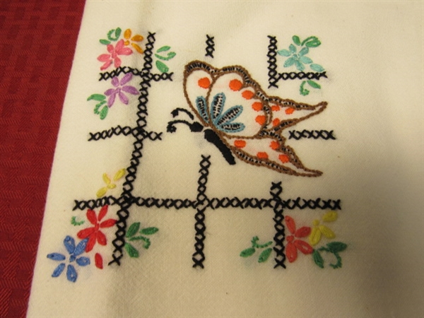 FOUR VINTAGE COTTON DISHTOWELS WITH HAND EMBROIDERED BUTTERFLIES, NEVER USED