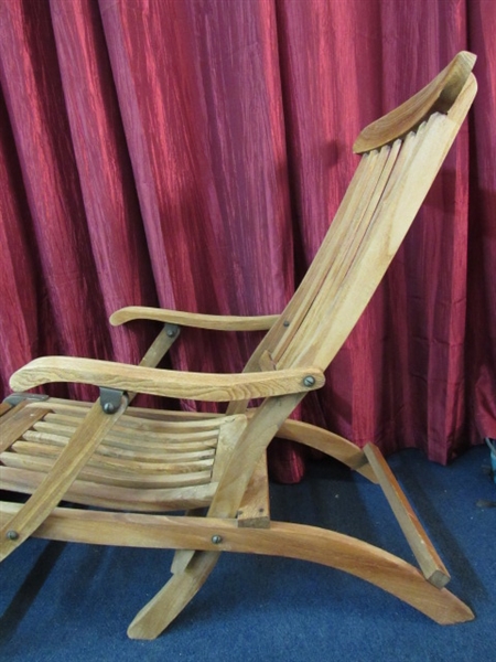TEAK SHIPBOARD 1st CLASS ONLY FOLDING LOUNGE CHAIR WITH BRASS ATTACHMENTS & PLAQUE