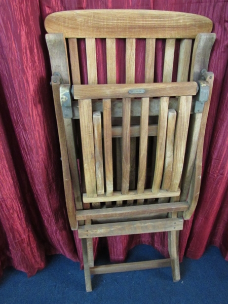 TEAK SHIPBOARD 1st CLASS ONLY FOLDING LOUNGE CHAIR WITH BRASS ATTACHMENTS & PLAQUE