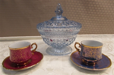 GORGEOUS CANDY DISH WITH LID AND 2 CUP AND SAUCERS SETS