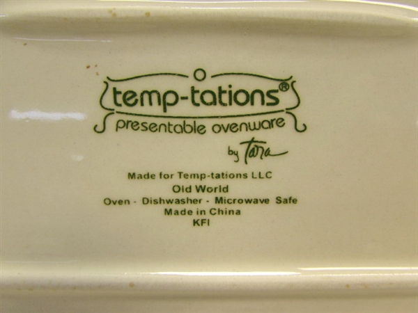TEMP-TATIONS PRESENTABLE OVENWARE BAKER DISHES WITH LIDS AND A BAKING TRAY WITH LID AND METAL CARRIER