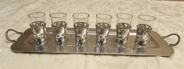 VINTAGE STERLING SILVER SHOT GLASS SET WITH TRAY