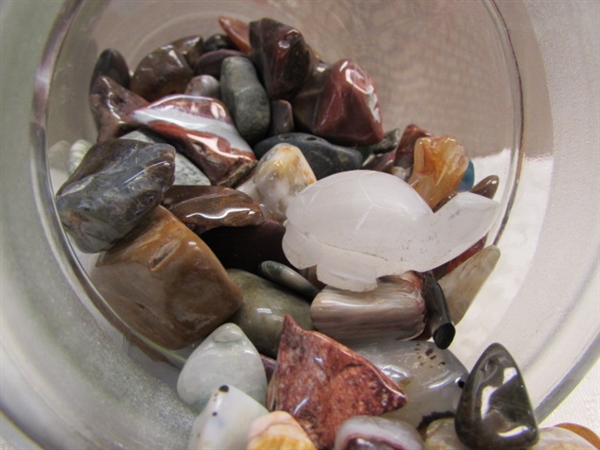 TURTLE COLLECTION AND JAR OF GORGEOUS POLISHED STONES