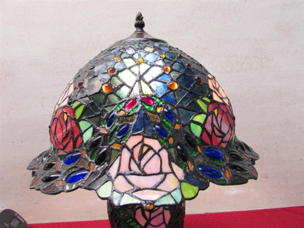 NEW IN THE BOX LIMITED EDITION, TIFFANY STYLE STAINED GLASS LAMP - BEJEWELED ROSE