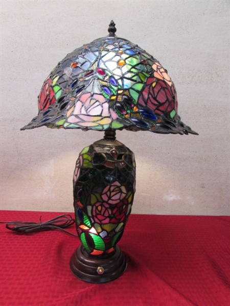 NEW IN THE BOX LIMITED EDITION, TIFFANY STYLE STAINED GLASS LAMP - BEJEWELED ROSE