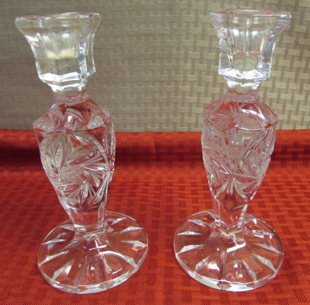 GERMAN MADE GLASS BELL, GLASS SPHERE, 2 GLASS CANDLESTICK HOLDERS