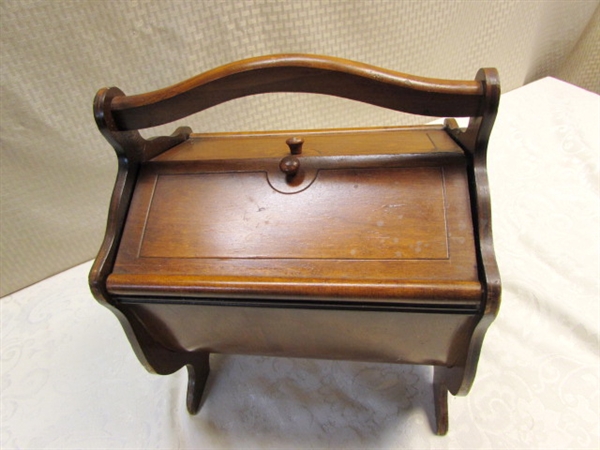 QUAINT WOODEN CHAIR SIDE CADDY/ SEWING BOX