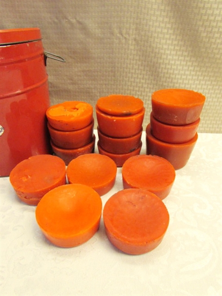 MAKE YOUR OWN CANDLES WITH 12 POUNDS OF RED WAX IN A RED METAL CAN w/LID