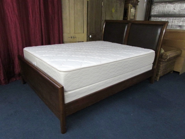 WOOD AND FAUX LEATHER BED FRAME WITH QUEEN MATTRESS