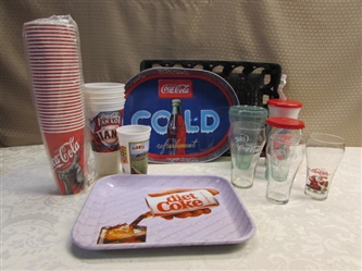 COCA COLA CARRIER, METAL TRAYS, GLASSES, CUPS & PAPER CUPS