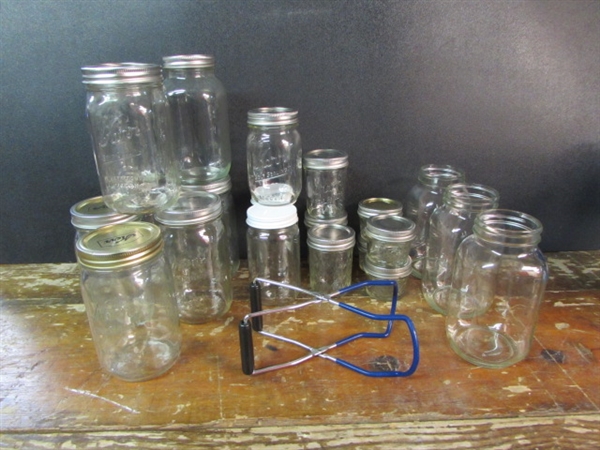 CANNING AND STORAGE JARS SOME KERR & A JAR LIFTER