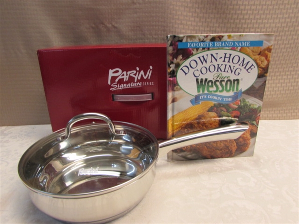 NEW! PARINI SIGNATURE SERIES 9.5 CHICKEN FRYER w/LID & DOWN HOME COOKING COOKBOOK