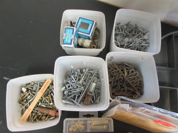 LOT OF SCREWS, NAILS, AND MISC.