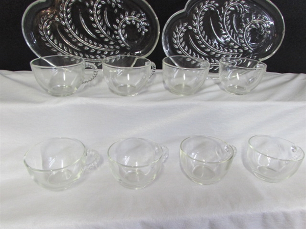 FEDERAL HOMESTEAD GLASS SNACK TRAYS WITH MATCHING CUPS - SERVICE FOR 8
