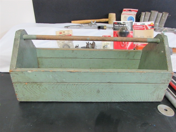 COOL WOODEN TOOL BOX w/ MISC TOOLS