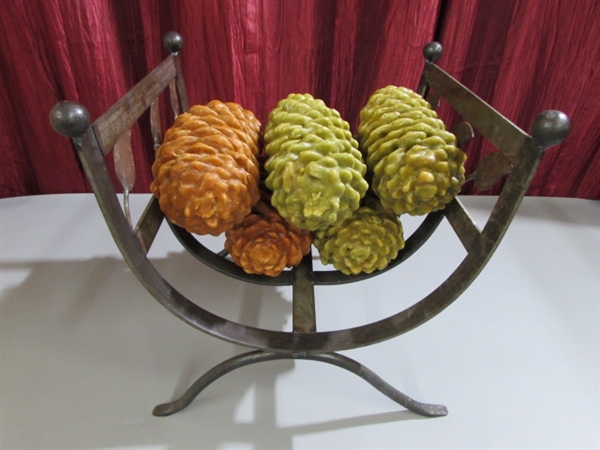 DECORATIVE FIREWOOD HOLDER AND WAX PINE CONES