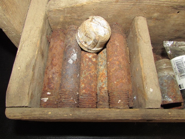 OLD WOODEN TOOL CARRIER WITH PIPE FITTINGS