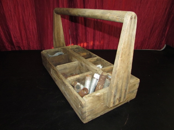 OLD WOODEN TOOL CARRIER WITH PIPE FITTINGS
