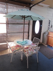 STEEL PATIO TABLE WITH CHAIRS & UMBRELLA