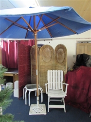 ADJUSTABLE FOLDING CHAIR/ACCENT TABLES & LARGE SHADE UMBRELLA WITH CAST IRON BASE
