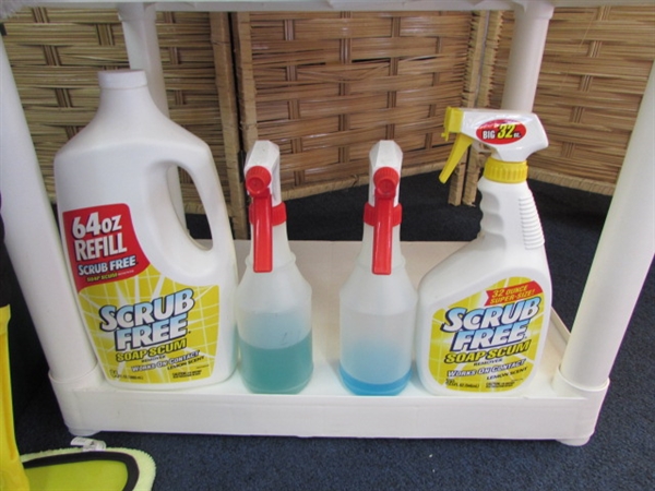 SMALL PLASTIC SHELVING UNIT WITH MISC CLEANERS & HOUSEHOLD ITEMS
