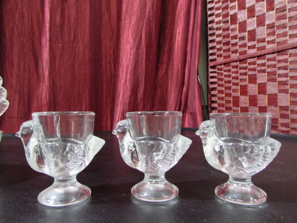 GLASS HEN CANDY DISHES AND EGG CUPS