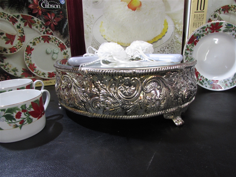 GIBSON DINNERWARE AND SILVER PLATED CAKE STAND