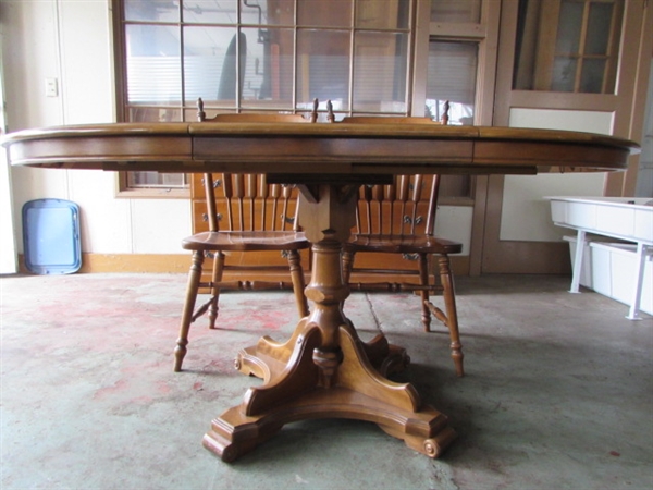 SOLID WOOD PEDESTAL DINING TABLE WITH 6 CHAIRS