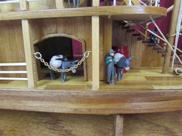 LARGE WOOD STEAMBOAT IN GLASS CASE