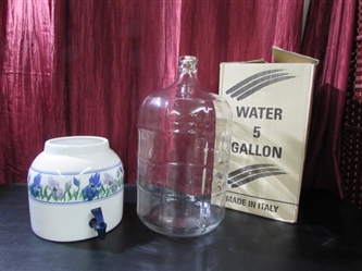 5 GALLON GLASS JAR AND CERAMIC WATER CROCK