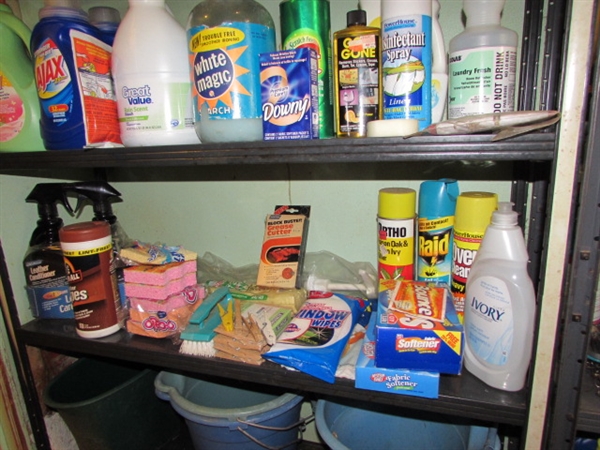 METAL SHELF UNIT WITH CLEANERS & MORE