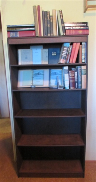 STURDY WOOD BOOKSHELF WITH VINTAGE BOOKS & BOOKENDS