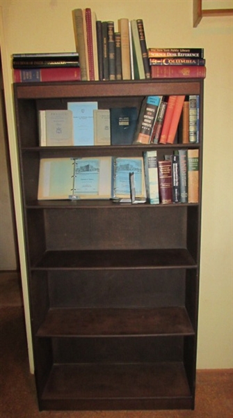 STURDY WOOD BOOKSHELF WITH VINTAGE BOOKS & BOOKENDS