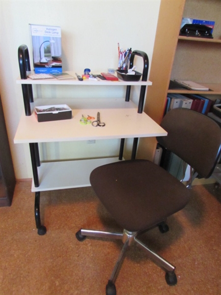 SMALL WHITE DESK/OFFICE CHAIR/DESK LAMP & OFFICE SUPPLIES