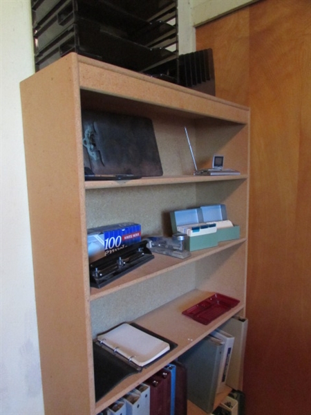 ANOTHER STURDY WOOD BOOKSHELF WITH BINDERS & OTHER OFFICE SUPPLIES