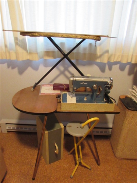 VINTAGE MONTGOMERY WARDS SEWING MACHINE WITH CASE/TABLE/PORTABLE STOOL/MINI IRONING BOARD & MORE