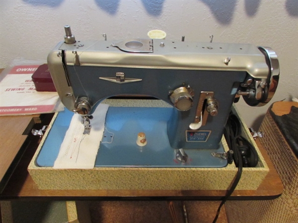 VINTAGE MONTGOMERY WARDS SEWING MACHINE WITH CASE/TABLE/PORTABLE STOOL/MINI IRONING BOARD & MORE