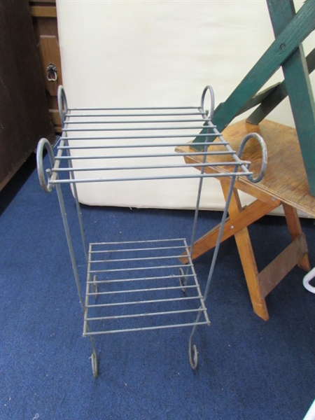WIRE PLANT STAND, 2 - FOLDING TABLES & A COSCO STEP STOOL
